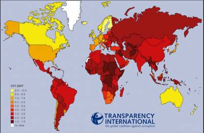 Mapa korupce za rok 2007 - Zdroj: www.transparency.org